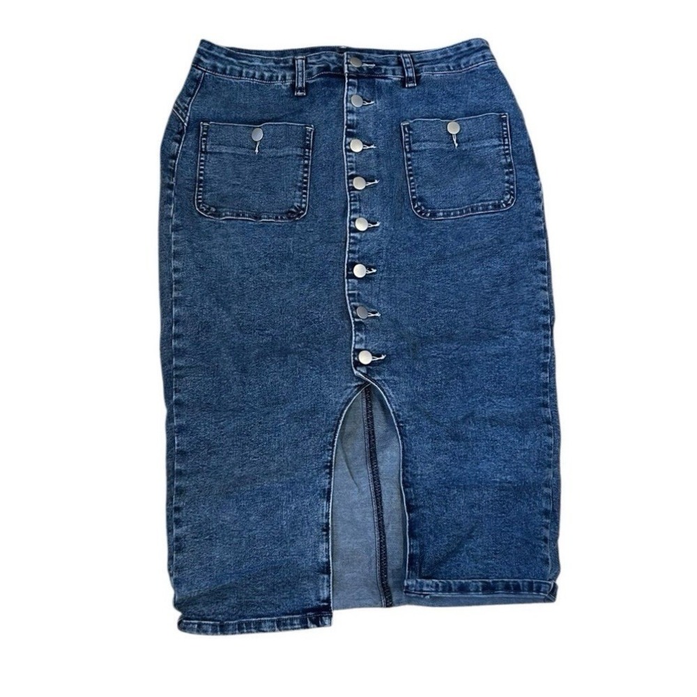 Split Blue Denim Midi Skirt
